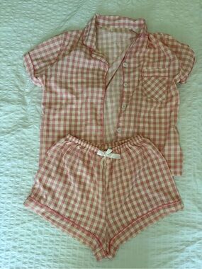 SHEIN Pink Gingham Short Pajama Set